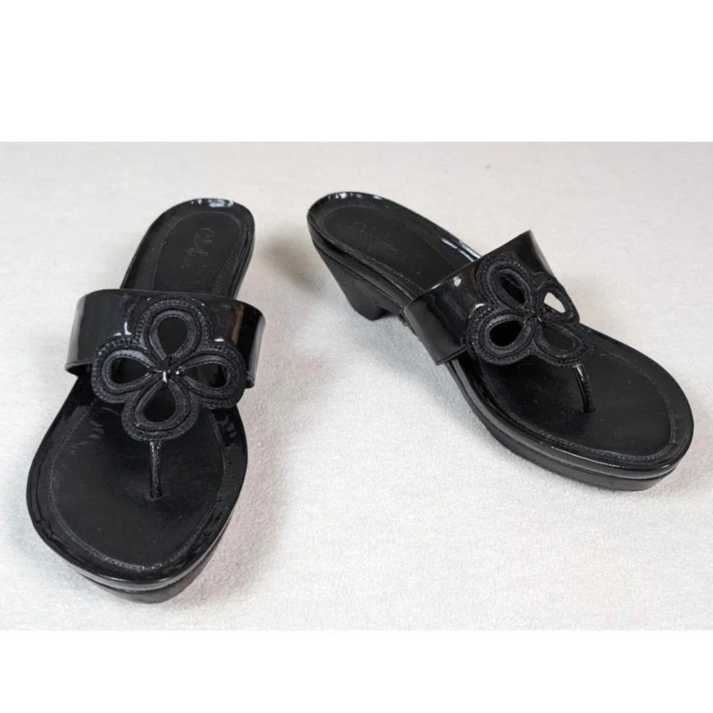 Cole Haan Black‎ Flower Detail Thong Sandals Slides, Elegant Summer Shoes
